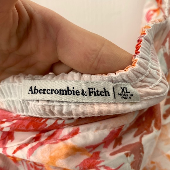 Abercrombie & Fitch Floral Puff Sleeve Mini Dress Orange Pink Ruched Smocked XL - Picture 8 of 9